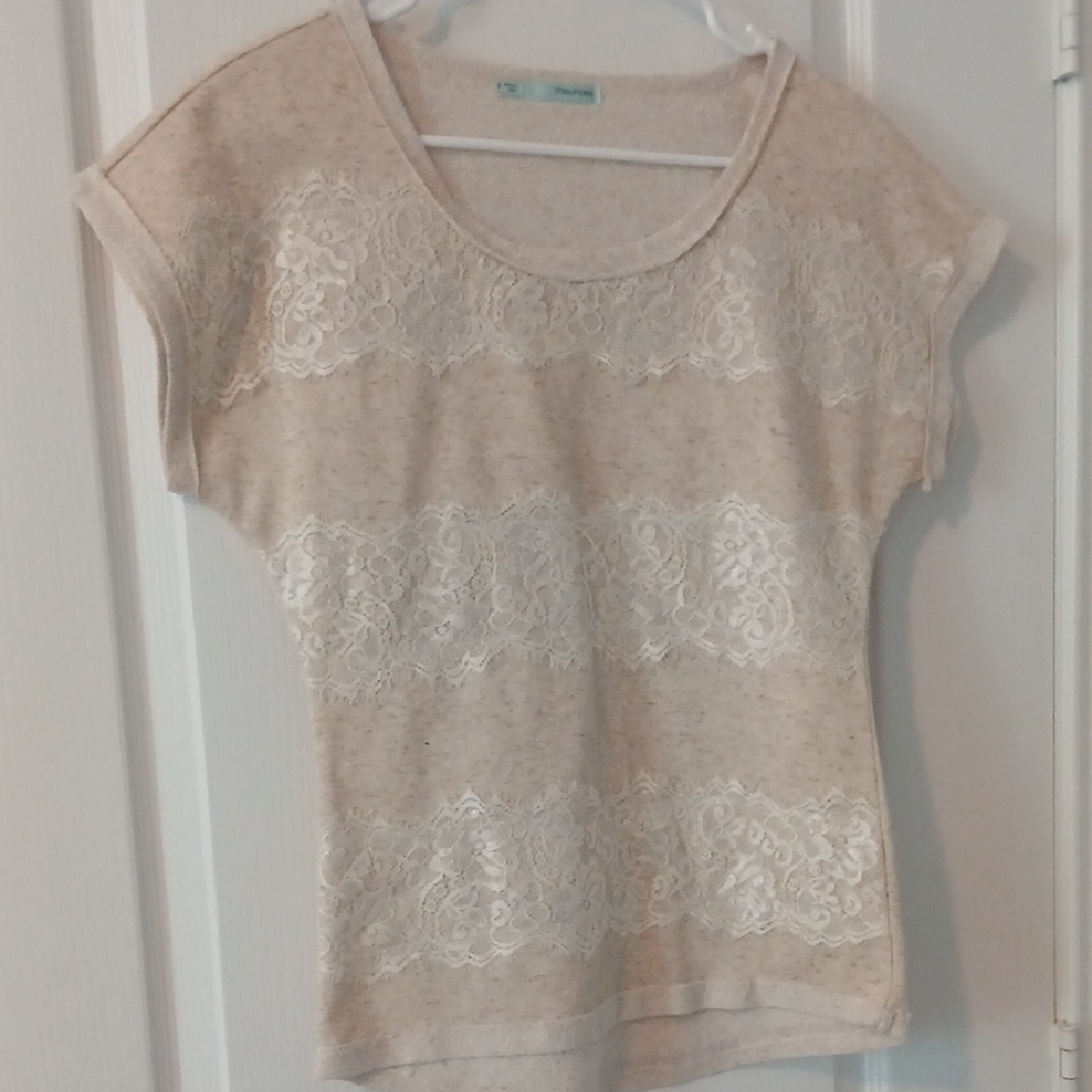 Maurices Tan and White Fitted Embellished Tee